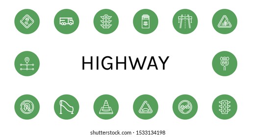 Set of highway icons. Such as Slippery road, Lorry, Traffic light, Jam, Highway, Loose gravel, No turn, Tunnel, Traffic cone, Hump, No overtaking, Route, Road sign , highway icons
