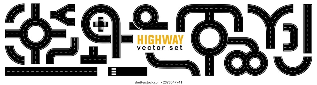 Set of highway road element in a flat design. City road and highway top view. Street and road with footpaths and crossroads