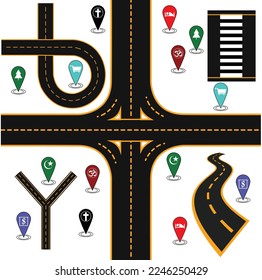 Conjunto de autopistas y carreteras sinuosas. Plantilla de la carretera de asfalto recta sin inconvenientes. Fondo abstracto, elemento de hitos de plantilla, ilustración moderna. Hoja de ruta comercial. Camino Eólica. Puntero de la posición del pasador.
