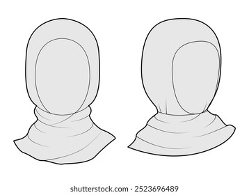 Set of Hijab Hat Scarf. Muslim Head Fashion accessory cap clothing technical illustration. Vector headgear for Men, women, unisex style, flat template CAD mockup sketch outline isolated