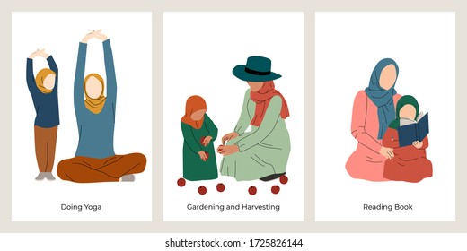 Set of Hijab Woman Gardening, Doing Yoga, and Reading Book Together with Kid in Simple Flat Vector Illustration. Muslim Family Learning and Developing at Home during Quarantine Life Concept.