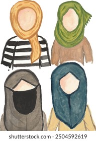 Set of hijabs for muslim women and beautiful shawls for girls isolated on white background. Hand drawn watercolour illustration