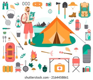 Set of hike and camp equipment in flat. Camper guy with tourist backpack. Vector illustration.