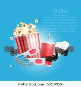 Set for a hike in the cinema. Vector illustration. Banner for the cinema
