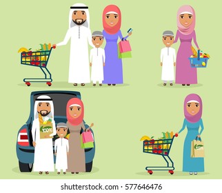 A set of hike concepts for shopping in the store. Young Arab family. Vegetables and fruits. A happy family