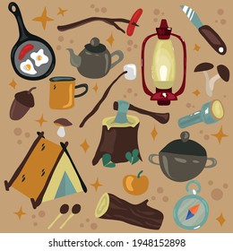 Set for a hike. Food on the hike. Pot, ax, firewood, compass, mug, tent, lantern. Experienced tourist. Travel. Scrambled eggs, marshmallows, sausages, mushrooms. Vector illustration for promotion.