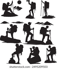 set of Hiker Illustration vector silhouettes