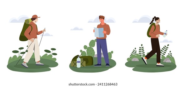 Set of hikers. Active lifestyle, hiking and camping. Man with backpack and map. Young girl with sticks. Travelers and tourists. Cartoon flat vector collection isolated on white background