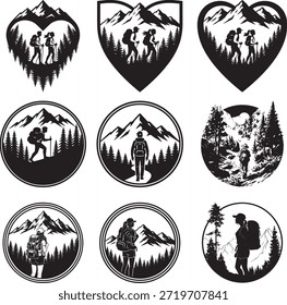 Conjunto de insignias de aventura de senderismo cuenta con montañas y excursionistas.