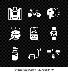Set Wander Rucksack, Fahrrad, Kopflampe, Sportflasche mit Wasser, Pedal, Lenker, Glocke und Verleih mobile App Icon. Vektorgrafik