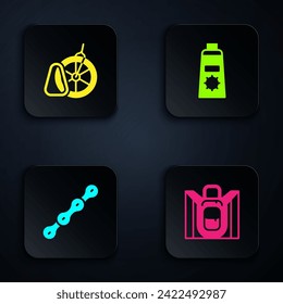 Set Hiking backpack, Bicycle parking, chain and Sunscreen cream tube. Black square button. Vector