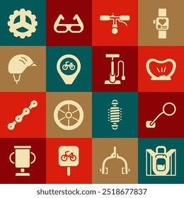 Set Hiking backpack, Bicycle rear view mirror, punctured tire, handlebar, Location with bicycle, helmet, sprocket crank and air pump icon. Vector