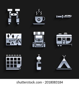 Set Hiking backpack, Bottle of water, Tourist tent, Rv Camping trailer, Calendar, Folded map with location, knife and Binoculars icon. Vector
