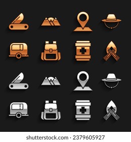 Set Hiking backpack, Camping hat, Campfire, First aid kit, Rv trailer, Location, Swiss army knife and Mountains icon. Vector