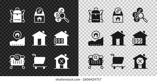 Set Hiking backpack, Donation and charity, Search for money, Searching food, Shopping cart, No house, Rising cost of housing and Real estate icon. Vector