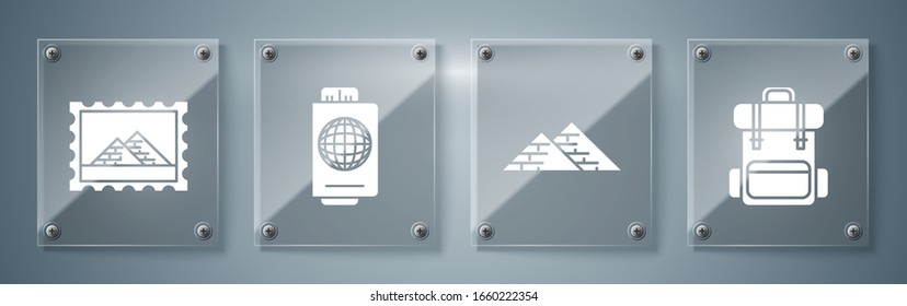 Set Hiking backpack, Egypt pyramids, Passport with ticket and Postal stamp and Egypt pyramids. Square glass panels. Vector
