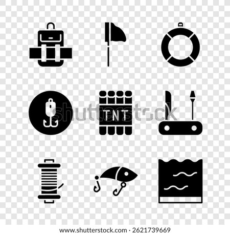 Set Hiking backpack, Fishing net with fish, Lifebuoy, Spinning reel for fishing, lure, Aquarium, hook and Detonate dynamite bomb stick icon. Vector
