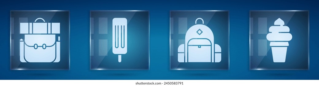 Set Hiking backpack, Ice cream, Hiking backpack and Ice cream in waffle cone. Square glass panels. Vector