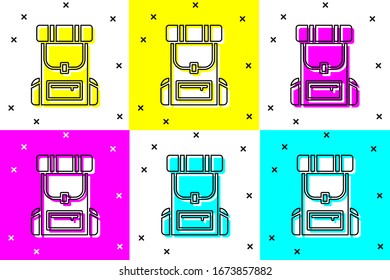 Set Hiking backpack icon isolated on color background. Camping and mountain exploring backpack.  Vector Illustration