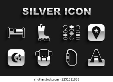 Set Hiking backpack, Location for camping, Tourist tent, Carabiner, Moon and stars, Grilled shish kebab skewer, Bed and Waterproof rubber boot icon. Vector