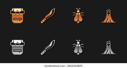 Set Hiking backpack, Machete, Mosquito and Volcano eruption icon. Vector