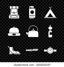 Set Hiking backpack, Passport with ticket, Tourist tent, boot, Camping knife, Wrist watch, Beanie hat and Kettle handle icon. Vector