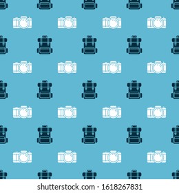 Set Hiking backpack and Photo camera on seamless pattern. Vector