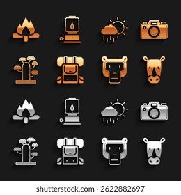 Set Hiking backpack, Photo camera, Rhinoceros, Monkey, African tree, Cloud with rain, Campfire and Camping lantern icon. Vector