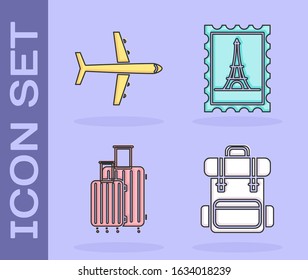 Set Hiking backpack, Plane, Suitcase for travel and Postal stamp and Eiffel tower icon. Vector