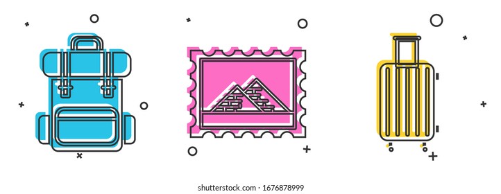 Coloque la mochila de senderismo, el sello postal y las pirámides de Egipto y la maleta para el icono de viaje. Vector
