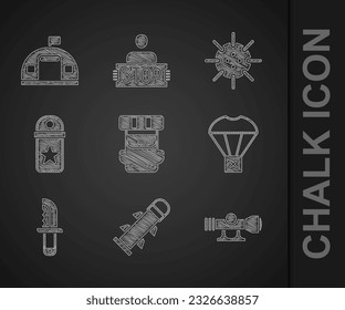 Set Rucksack Wanderung, Rakel, Sniper-Optik, Box fliegen auf Fallschirm, Militärmesser, Chevron, Marineschippe und Barracks Symbol. Vektorgrafik