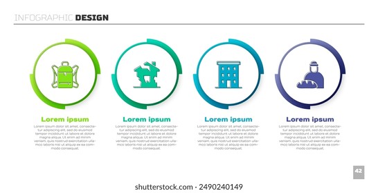 Set Hiking backpack, Ruined house, Multi storey building and Feeding the homeless. Business infographic template. Vector