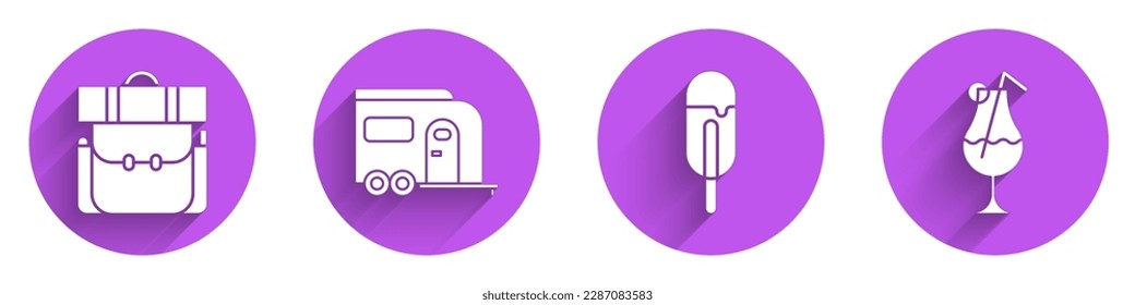 Set Hiking backpack, Rv Camping trailer, Ice cream and Cocktail and alcohol drink icon with long shadow. Vector