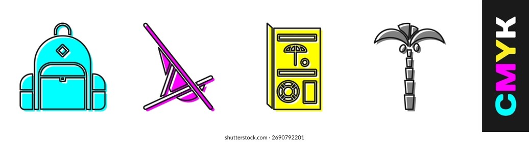 Set Hiking backpack, Sunbed, Travel brochure and Tropical palm tree icon. Vector