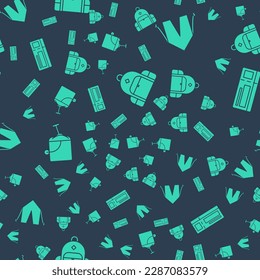 Set Hiking backpack, Tourist tent, Sand in bucket with shovel and Travel ticket on seamless pattern. Vector