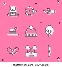 Set Hiking backpack, Trap hunting, Sniper optical sight, Hunter hat with feather, Winter, Tree, Slingshot and Tourist tent icon. Vector