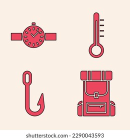 Set Hiking backpack, Wrist watch, Meteorology thermometer and Fishing hook icon. Vector