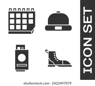 Set Hiking boot, Calendar, Passport with ticket and Beanie hat icon. Vector