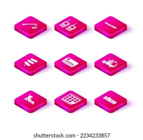 Ajuste el arranque de senderismo, Calendario, Señal de tráfico por carretera, Tarjeta de crédito, Registro de madera, Remolque de Rv Camping, cuchillo e icono de Walkie talkie. Vector