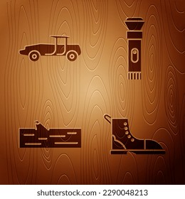 Set Hiking boot, Car, Wooden log and Flashlight on wooden background. Vector
