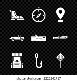 Set Hiking boot, Compass, Location, backpack, Fishing hook, Parking, Car and Wooden log icon. Vector