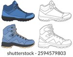 Set of hiking boots illustration. Illustration set vector boots. Side view hiking boots isolated with black background.

