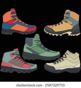 Set of hiking boots illustration. Illustration set vector boots. Side view hiking boots isolated with black background.
