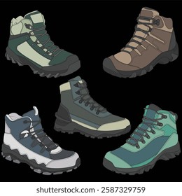 Set of hiking boots illustration. Illustration set vector boots. Side view hiking boots isolated with black background.
