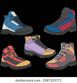 Set of hiking boots illustration. Illustration set vector boots. Side view hiking boots isolated with black background.
