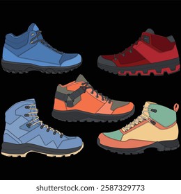Set of hiking boots illustration. Illustration set vector boots. Side view hiking boots isolated with black background.
