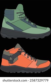 Set of hiking boots illustration. Illustration set vector boots. Side view hiking boots isolated with black background.
