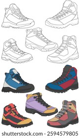 Set of hiking boots illustration. Illustration set vector boots. Side view hiking boots isolated with black background.
