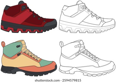 Set of hiking boots illustration. Illustration set vector boots. Side view hiking boots isolated with black background.
