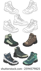 Set of hiking boots illustration. Illustration set vector boots. Side view hiking boots isolated with black background.
